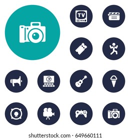 Set Of 12 Pleasure Icons Set.Collection Of Photography, Television, Sorbet And Other Elements.