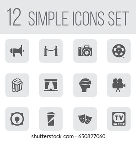 Set Of 12 Pleasure Icons Set.Collection Of Filmstrip, Cyberspace, Camera And Other Elements.