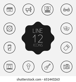 Set Of 12 Pleasure Outline Icons Set.Collection Of Cinema, Bullhorn, Photo Camera And Other Elements.