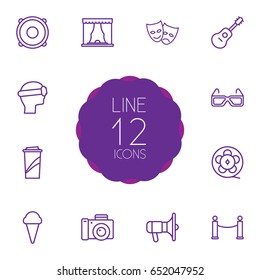 Set Of 12 Pleasure Outline Icons Set.Collection Of Barrier Rope, Photo Camera, Vr Helmet And Other Elements.