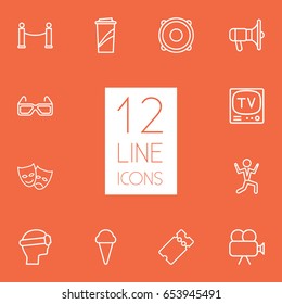 Set Of 12 Pleasure Outline Icons Set.Collection Of Ticket, Barrier Rope, Vr Helmet And Other Elements.