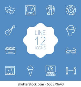 Set Of 12 Pleasure Outline Icons Set.Collection Of Barrier Rope, Tv Set, Cinema And Other Elements.