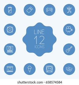 Set Of 12 Pleasure Outline Icons Set.Collection Of Ice Cream, Theater, Cinema And Other Elements.