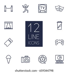 Set Of 12 Pleasure Outline Icons Set.Collection Of Ice Cream, Barrier Rope, Photo Camera And Other Elements.
