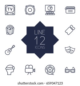 Set Of 12 Pleasure Outline Icons Set.Collection Of Masks, Cinema, Popcorn And Other Elements.