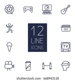 Set Of 12 Pleasure Outline Icons Set.Collection Of Dancing Man, Clapperboard, Game Controller And Other Elements.