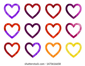 Set of 12 polygonal bright halftone heart frames. Usable for cards, invitations, posters, banners, diary, magazines. Valentine's day decorative elements. Vector illustration.
