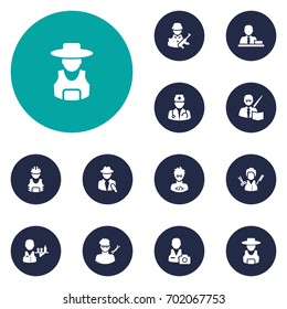 Set Of 12 Position Icons Set.Collection Of Builder, Leaner, Military And Other Elements.