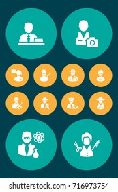 Set Of 12 Position Icons Set.Collection Of Artist, Coder, Journalist And Other Elements.