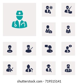 Set Of 12 Position Icons Set.Collection Of Scholarly, Journalist, Producer And Other Elements.