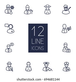 Set Of 12 Position Outline Icons Set.Collection Of Operator, Taxi, Servant And Other Elements.
