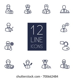 Set Of 12 Position Outline Icons Set.Collection Of Doctor, Taxi, Banker And Other Elements.