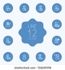 Set Of 12 Position Outline Icons Set.Collection Of Soldier, Taxi, Scientist And Other Elements.