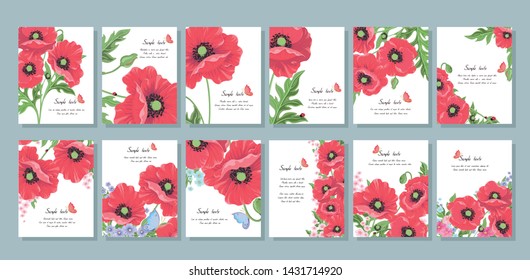 Set of 12 postcards with wild flowers: poppy leaves, buds, ladybug and butterfly. Red vector poppy flowers for wedding invitation templates banners greeting cards cover design brochure posters. Vector
