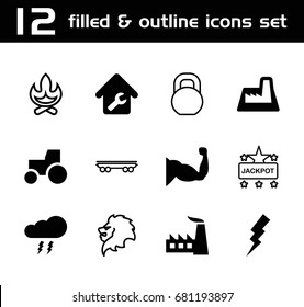 Set of 12 power filled and outline icons such as flash, factory, tractor, muscle, home repair, thunderstorm, lion, jackpot, barbell, cargo wagon
