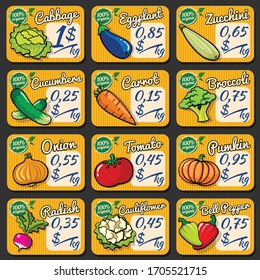 Set of 12 price tags for organic vegetables on an orange background. The price tags depict different bright fresh seasonal vegetables in a cartoon style.