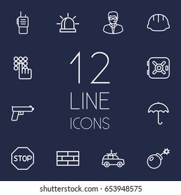 Set Of 12 Procuring Outline Icons Set.Collection Of Siren, Safe, Walkie-Talkie And Other Elements.