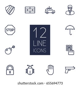 Set Of 12 Procuring Outline Icons Set.Collection Of Protection , Hand , Siren Elements.