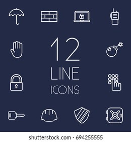 Set Of 12 Procuring Outline Icons Set.Collection Of Walkie-Talkie, Safe, Lock And Other Elements.