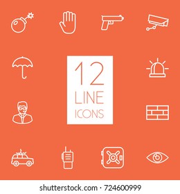 Set Of 12 Procuring Outline Icons Set.Collection Of Alarm, Safe, Supervision And Other Elements.