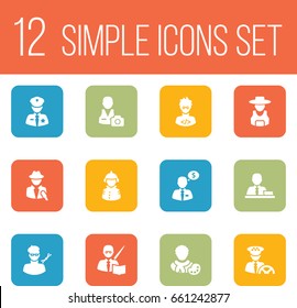 Set Of 12 Professions Icons Set.Collection Of Driver, Coder, Journalist And Other Elements.