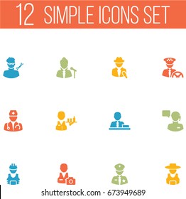 Set Of 12 Professions Icons Set.Collection Of Cameraman, Builder, Driver And Other Elements.