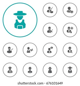Set Of 12 Professions Icons Set.Collection Of Tray, Money Agent, Fireman And Other Elements.