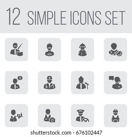 Set Of 12 Professions Icons Set.Collection Of Working, Coder, Cameraman And Other Elements.