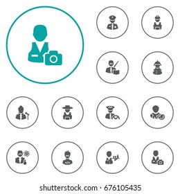Set Of 12 Professions Icons Set.Collection Of Working, Coder, Rancher And Other Elements.