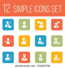 Set Of 12 Professions Icons Set.Collection Of Manager, Coder, Planner And Other Elements.