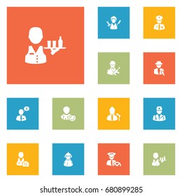 Set Of 12 Professions Icons Set.Collection Of Vocalist, Money Agent, Journalist And Other Elements.