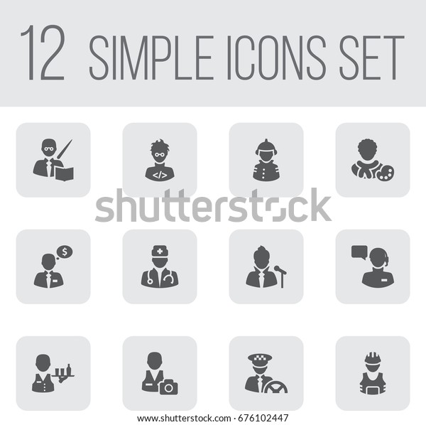 Set Of 12 Professions Icons\
Set.Collection Of Working, Coder, Cameraman And Other\
Elements.