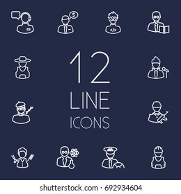 Set Of 12 Professions Outline Icons Set.Collection Of Singer, Designer, Operator And Other Elements.