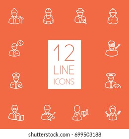Set Of 12 Professions Outline Icons Set.Collection Of Servant, Singer, Policeman And Other Elements.