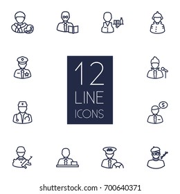 Set Of 12 Professions Outline Icons Set.Collection Of Firefighter, Servant, Teacher And Other Elements.