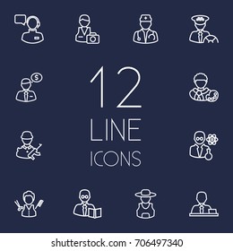 Set Of 12 Professions Outline Icons Set.Collection Of Barber, Soldier, Farmer And Other Elements.