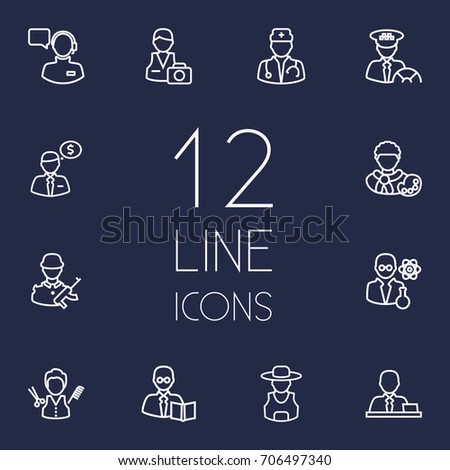 Set Of 12 Professions Outline Icons Set.Collection Of Barber, Soldier, Farmer And Other Elements.