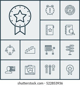 Set Of 12 Project Management Icons. Can Be Used For Web, Mobile, UI And Infographic Design. Includes Elements Such As Badge, Dashboard, Right And More.