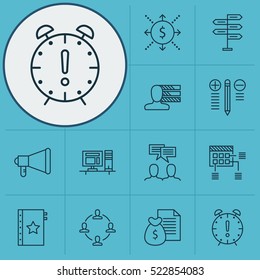 Set Of 12 Project Management Icons. Can Be Used For Web, Mobile, UI And Infographic Design. Includes Elements Such As Date, Computer, Making And More.