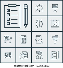 Set Of 12 Project Management Icons. Can Be Used For Web, Mobile, UI And Infographic Design. Includes Elements Such As Budget, Analysis, Time And More.