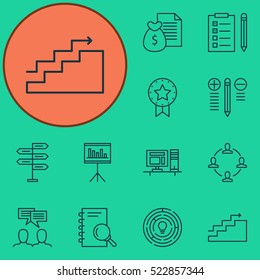 Set Of 12 Project Management Icons. Can Be Used For Web, Mobile, UI And Infographic Design. Includes Elements Such As Workspace, Badge, Fork And More.