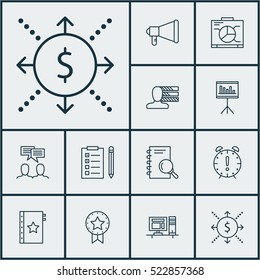 Set Of 12 Project Management Icons. Can Be Used For Web, Mobile, UI And Infographic Design. Includes Elements Such As Quality, Badge, Award And More.