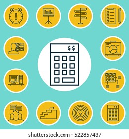 Set Of 12 Project Management Icons. Can Be Used For Web, Mobile, UI And Infographic Design. Includes Elements Such As Schedule, Budget, Task And More.