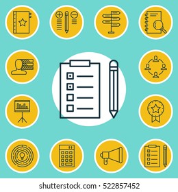 Set Of 12 Project Management Icons. Can Be Used For Web, Mobile, UI And Infographic Design. Includes Elements Such As List, Win, Quality And More.