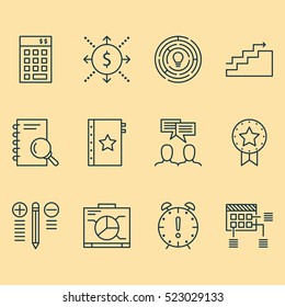 Set Of 12 Project Management Icons. Can Be Used For Web, Mobile, UI And Infographic Design. Includes Elements Such As Analysis, Discussion, Cash And More.
