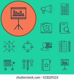 Set Of 12 Project Management Icons. Can Be Used For Web, Mobile, UI And Infographic Design. Includes Elements Such As Advertising, Task, Team And More.