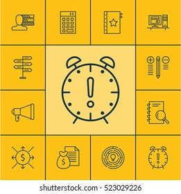 Set Of 12 Project Management Icons. Can Be Used For Web, Mobile, UI And Infographic Design. Includes Elements Such As Notebook, Workspace, Report And More.