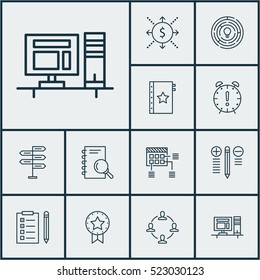 Set Of 12 Project Management Icons. Can Be Used For Web, Mobile, UI And Infographic Design. Includes Elements Such As Quality, Research, Flow And More.