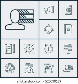 Set Of 12 Project Management Icons. Can Be Used For Web, Mobile, UI And Infographic Design. Includes Elements Such As Cash, Budget, Promotion And More.