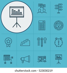 Set Of 12 Project Management Icons. Can Be Used For Web, Mobile, UI And Infographic Design. Includes Elements Such As Brainstorm, Time, Fork And More.